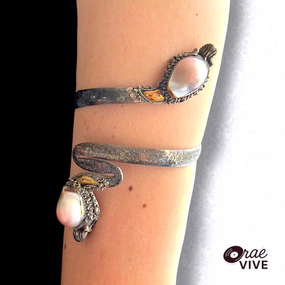Vintage Sterling Silver 925 Thai Naga Dragon Arm Cuff with Baroque Pearl - Picture 1 of 5